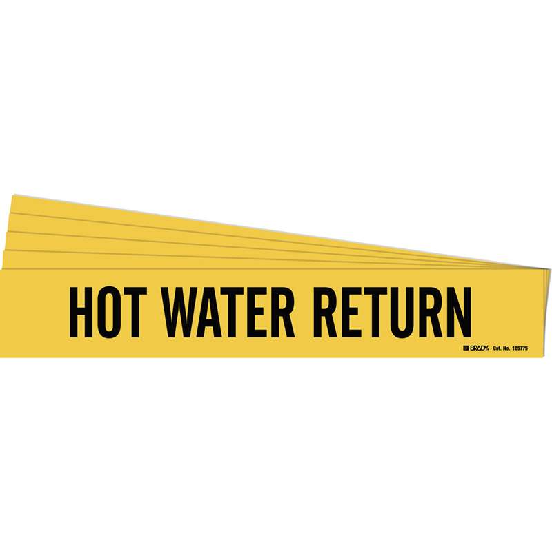 HOT WATER RETURN Pipe Marker Style 1HV Polyester BK on YL 1 per Card, 5 PK